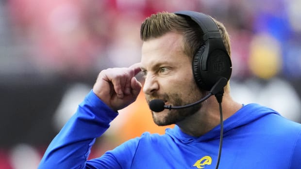 Los Angeles Rams head coach Sean McVay reacts during action against the Arizona Cardinals in the first half at State Farm Stadium in Glendale on Nov. 26, 2023.